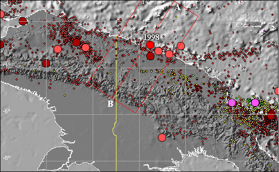 The map of historical seismicity for  the northern coast of the New Guinea Island (1857-1996)