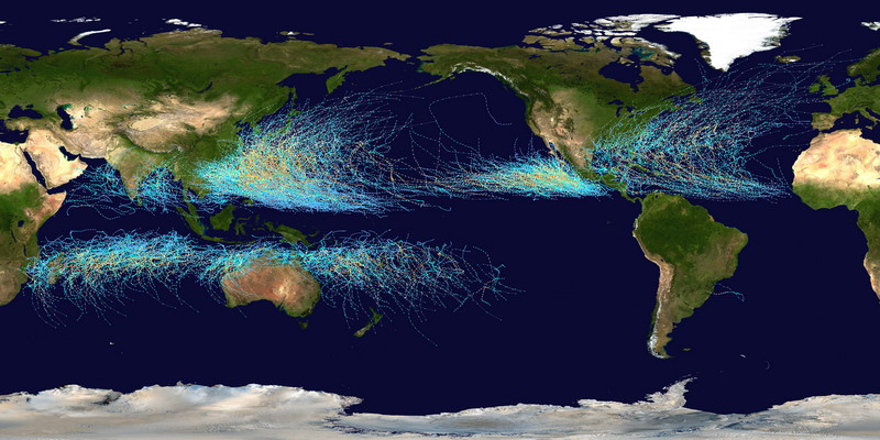 Map of the cumulative tracks of all tropical cyclones during the 19852005 time period