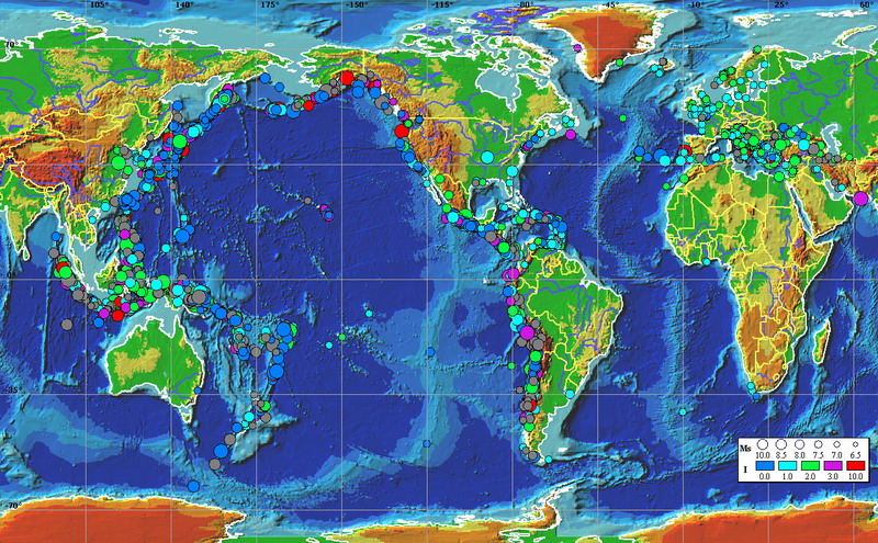 Location map of the sources of historical tsunamigenic events.